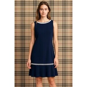 Karl Lagerfeld Paris Navy Dress Size 14 Sleeveless Shift White Trim Flounce Hem